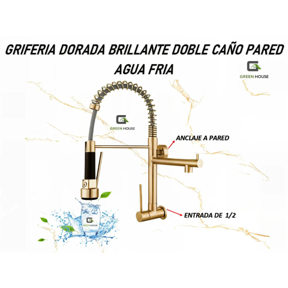 GRIFERIA PARED RESORTE DOBLE DORADO BRILLANTE AGUA FRIA