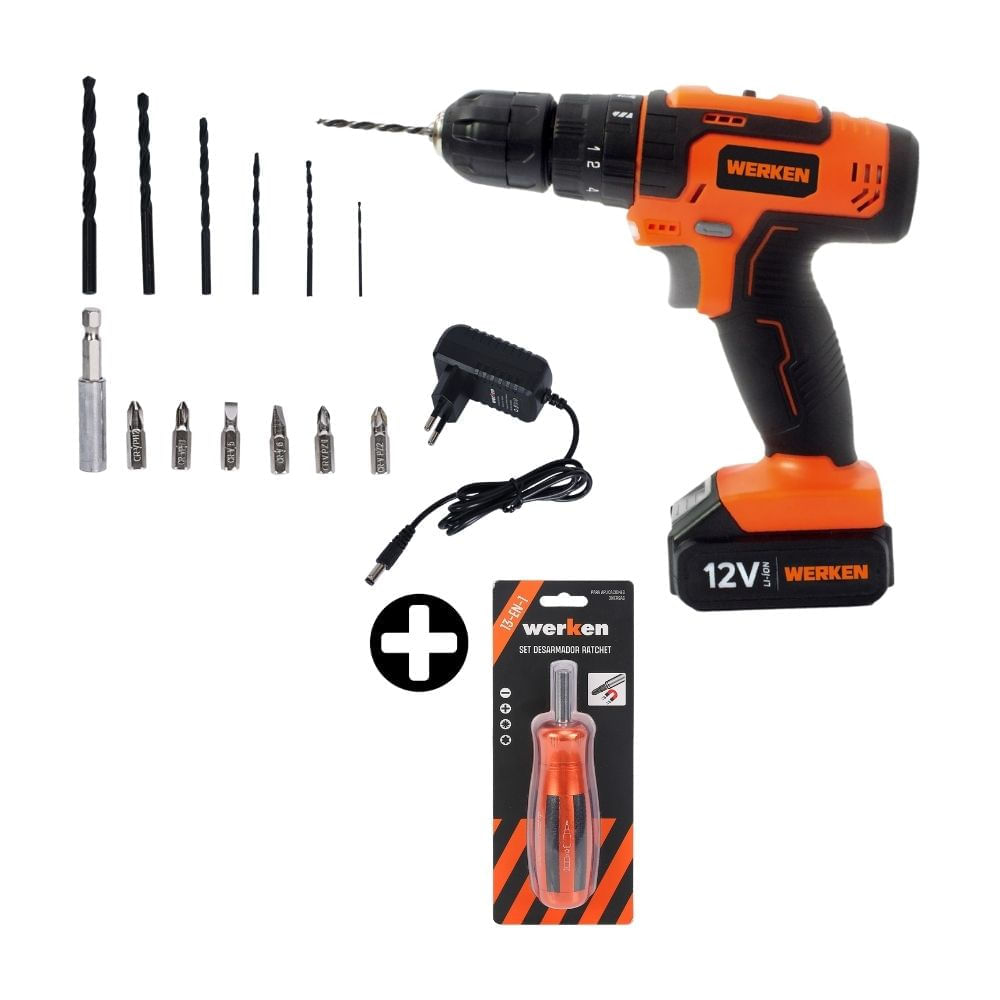 COMBO Taladro Percutor KF-CD09-33PZ-BMC 12V 1.5 Ah + 16 Accesorios + Set desarmador 13 In 1 Ratchet Werken