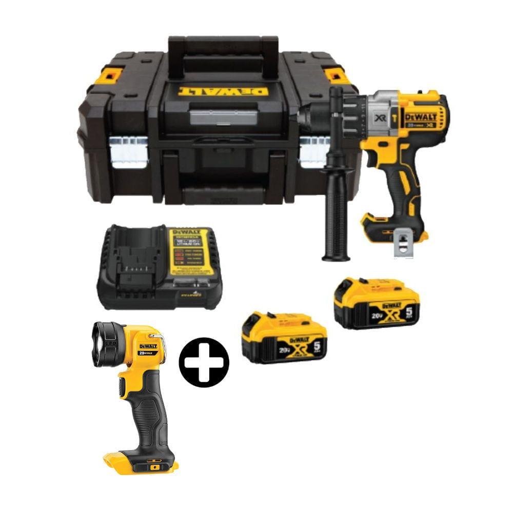 COMBO Taladro DCD996P2T-B2 20V-3V + 2 Bateria 5Ah + Maleta Tstack + Linterna LED Dewalt Modelo DCL040 20V
