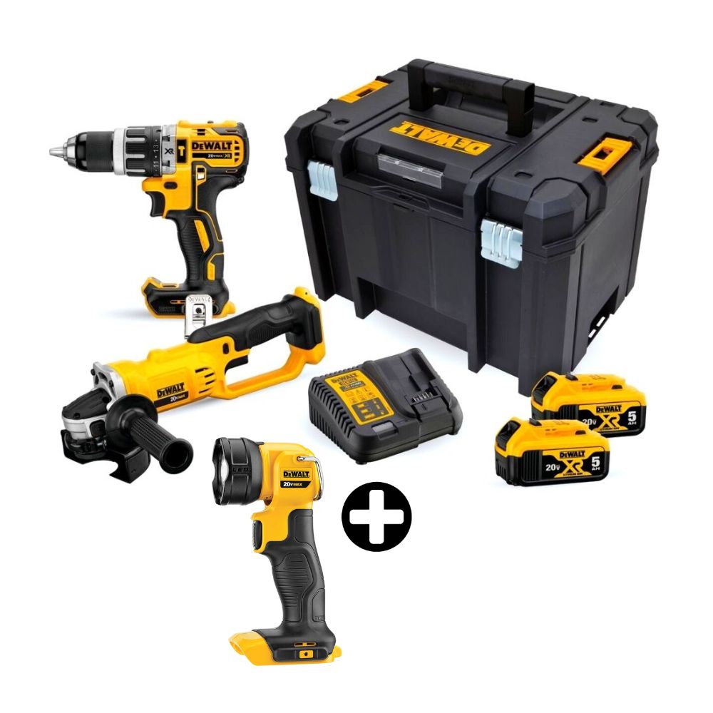 COMBO Taladro 1/2" 20V + Esmeril 4-1/2" 20V DCK209P2T Dewalt + Linterna LED Dewalt Modelo DCL040 20V
