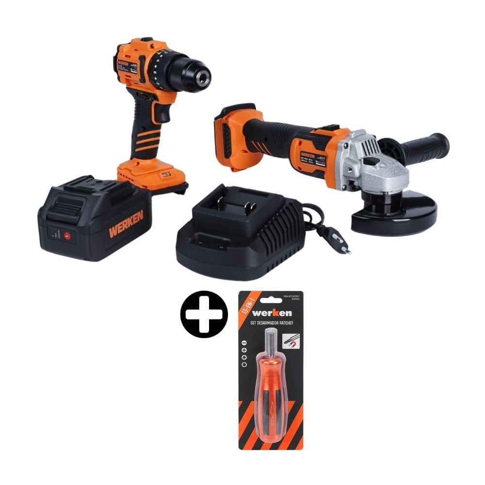 COMBO Taladro Percutor 20V + Amoladora 4.5" Brushless + Set desarmador 13 In 1 Ratchet Werken