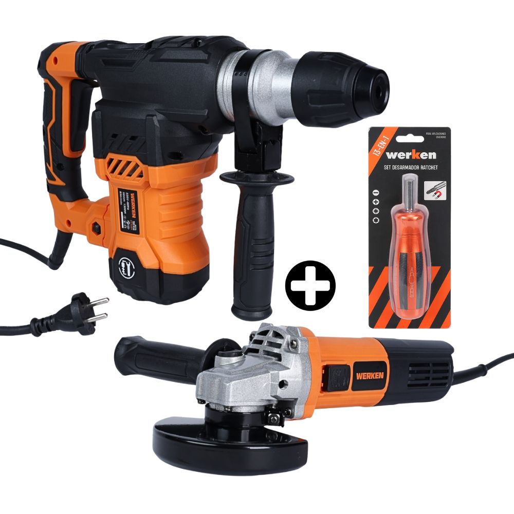 COMBO Rotomartillo SDS Plus 1300w + Amoladora 4.5" 850W + Set desarmador 13 In 1 Ratchet Werken