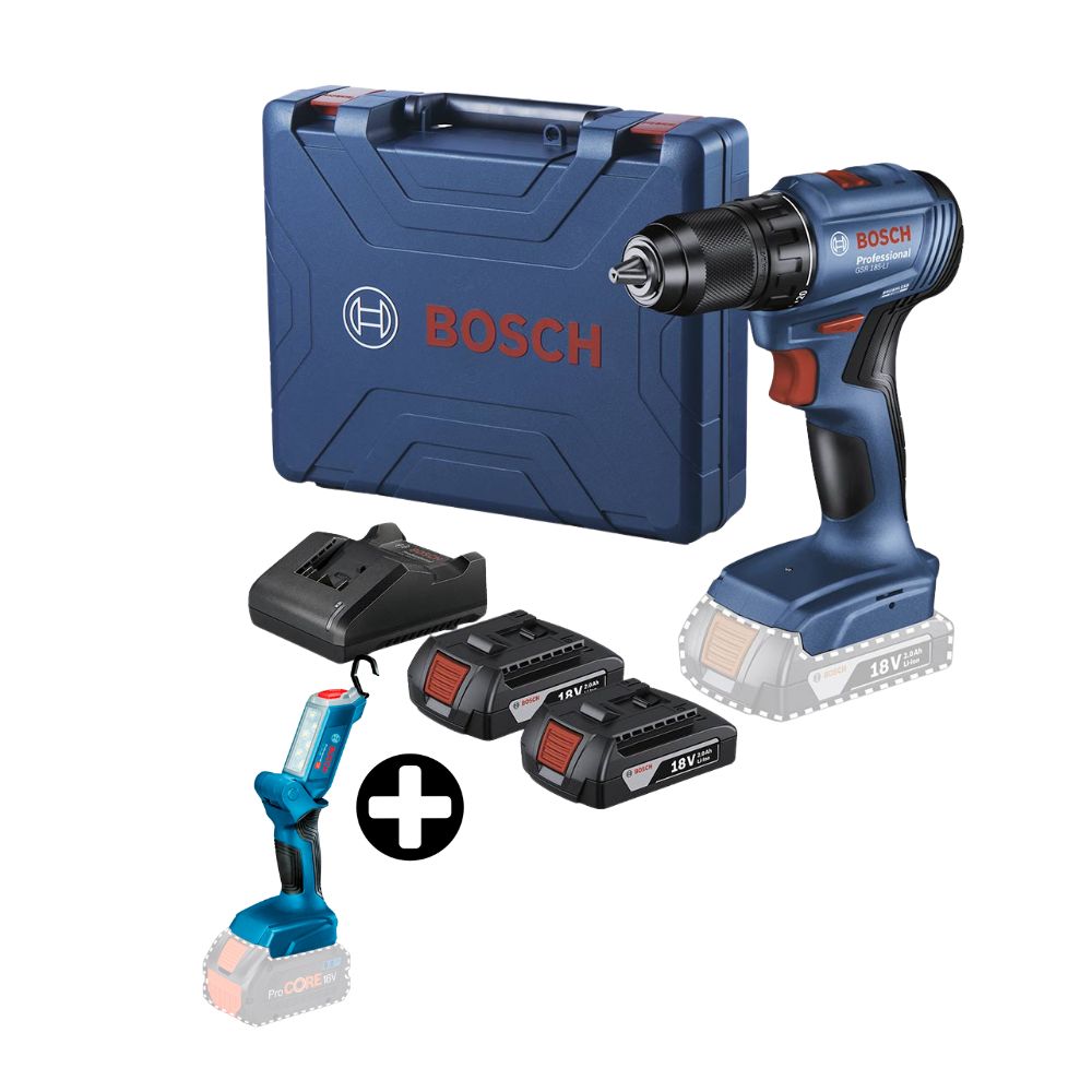 COMBO Bosch: Atornillador GSR 185-LI + 2 Baterías + Cargador + Maleta + Linterna GLI 18V-300 sin Bateria