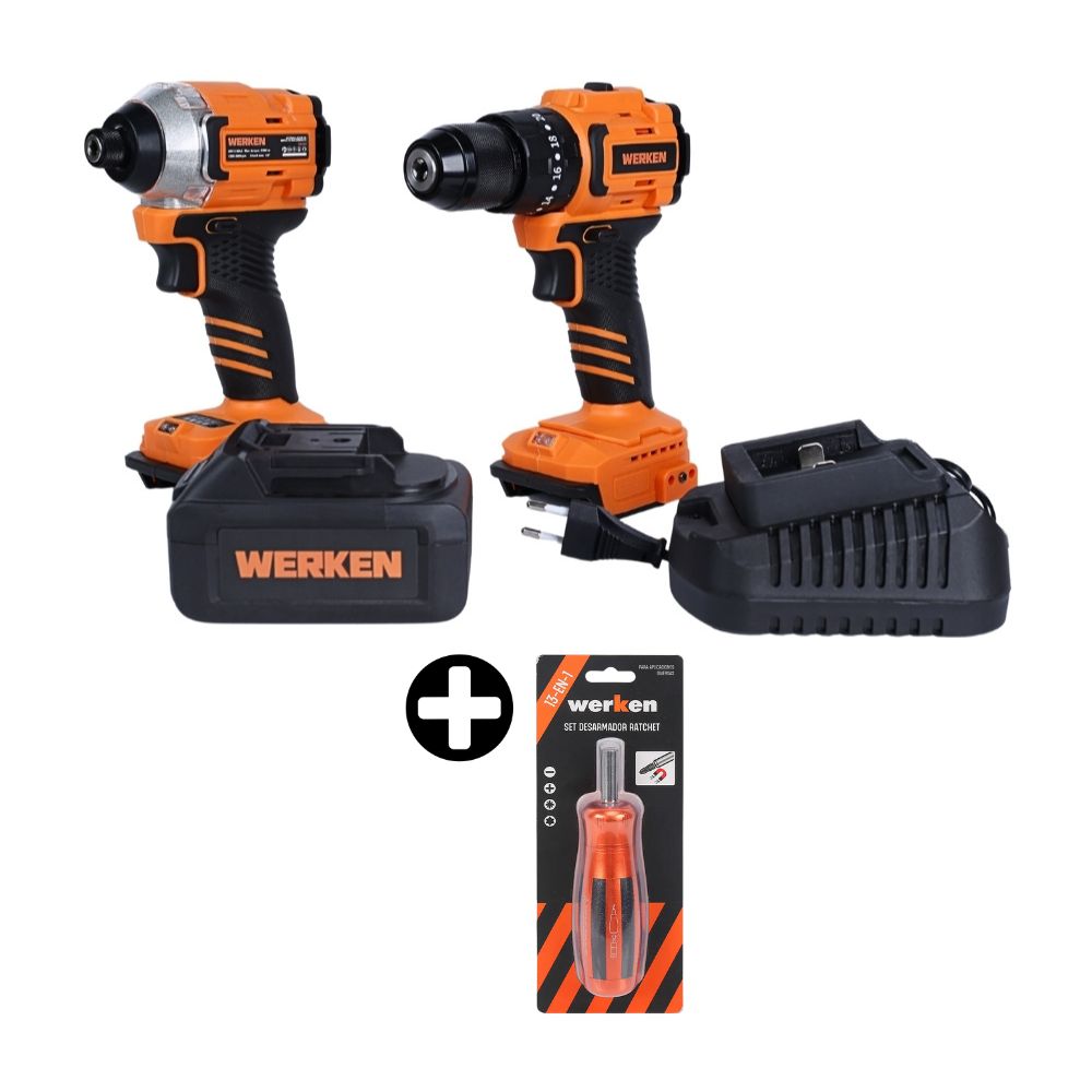 COMBO Taladro Percutor 20V + Atornillador de impacto 230Nm Brushless + Set desarmador 13 In 1 Ratchet Werken