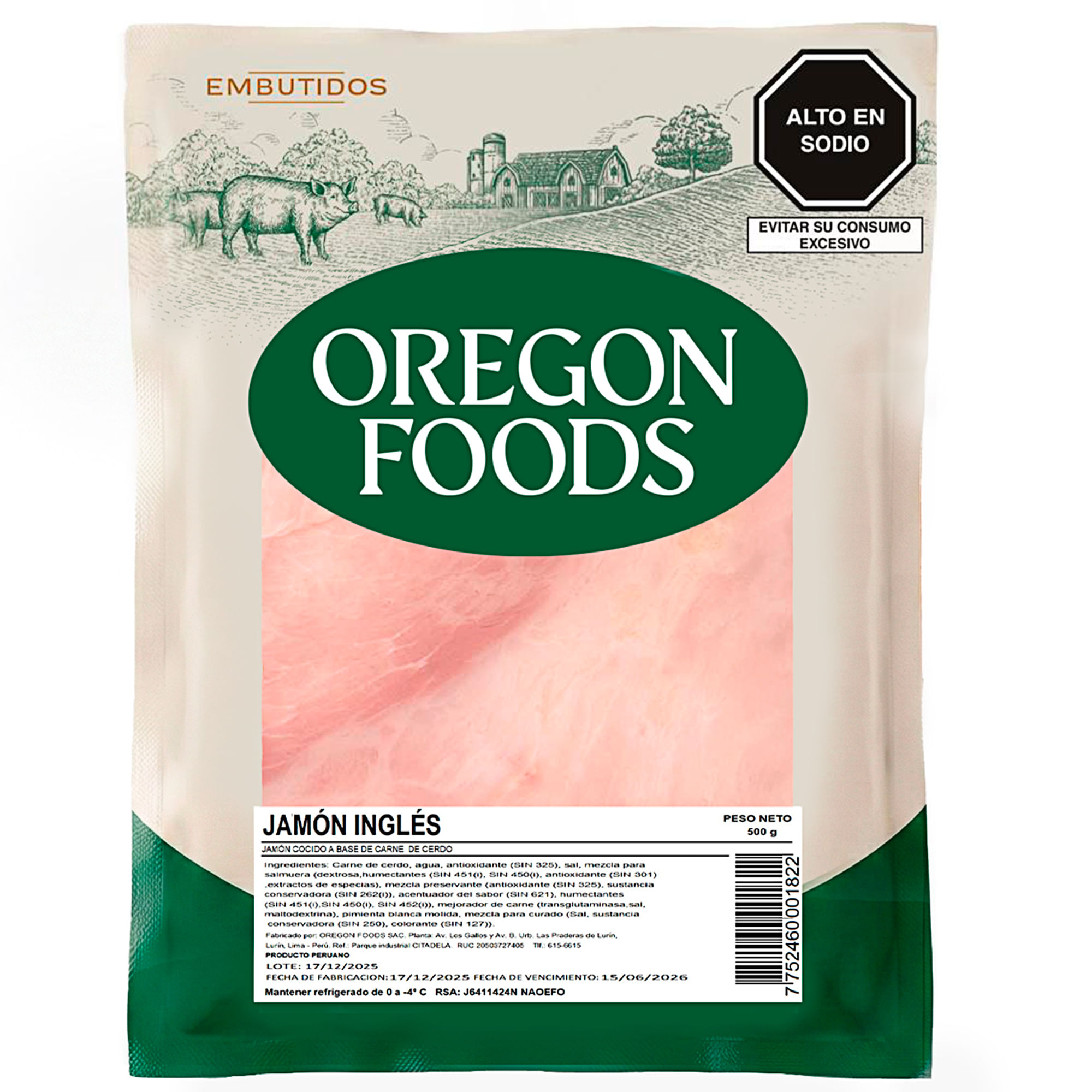 Jamón Inglés OREGON FOODS Paquete 500g