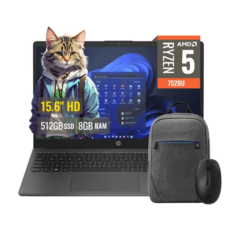 Laptop HP 255 G10 AMD Ryzen 5 8GB RAM 512GB SSD Windows 11 Pro 15.6 HD Mochila y Mouse HP A12HBLT