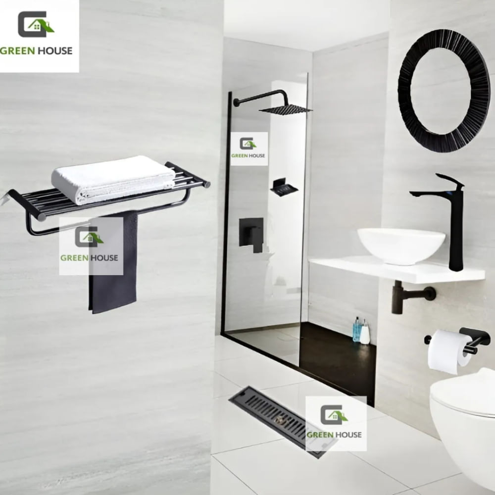 COMBO COMPLETO PARA BAÑO KIT DE ACCESORIOS EN ACERO NEGRO TENDENCIA