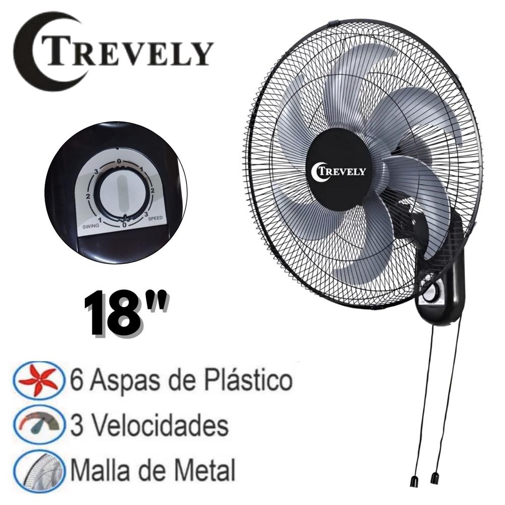 Ventilador Pared Trevely VT182 18" 75 Watts control de velocidades con Cuerda Negro