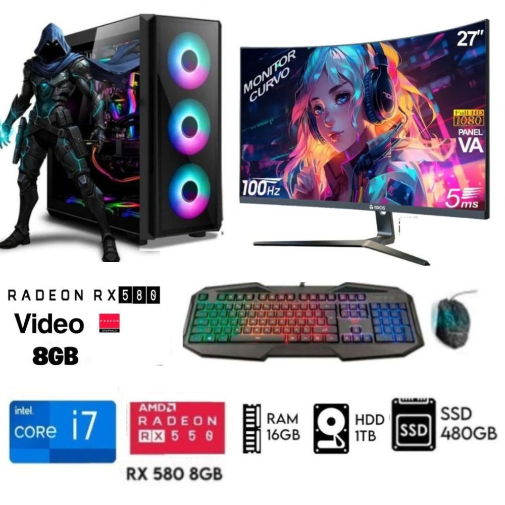 Computadora PC GAMER Core I7-8th  Ram 16GB DISCO HDD 1TB   SSD 480GB  RX 580 8GB  M27