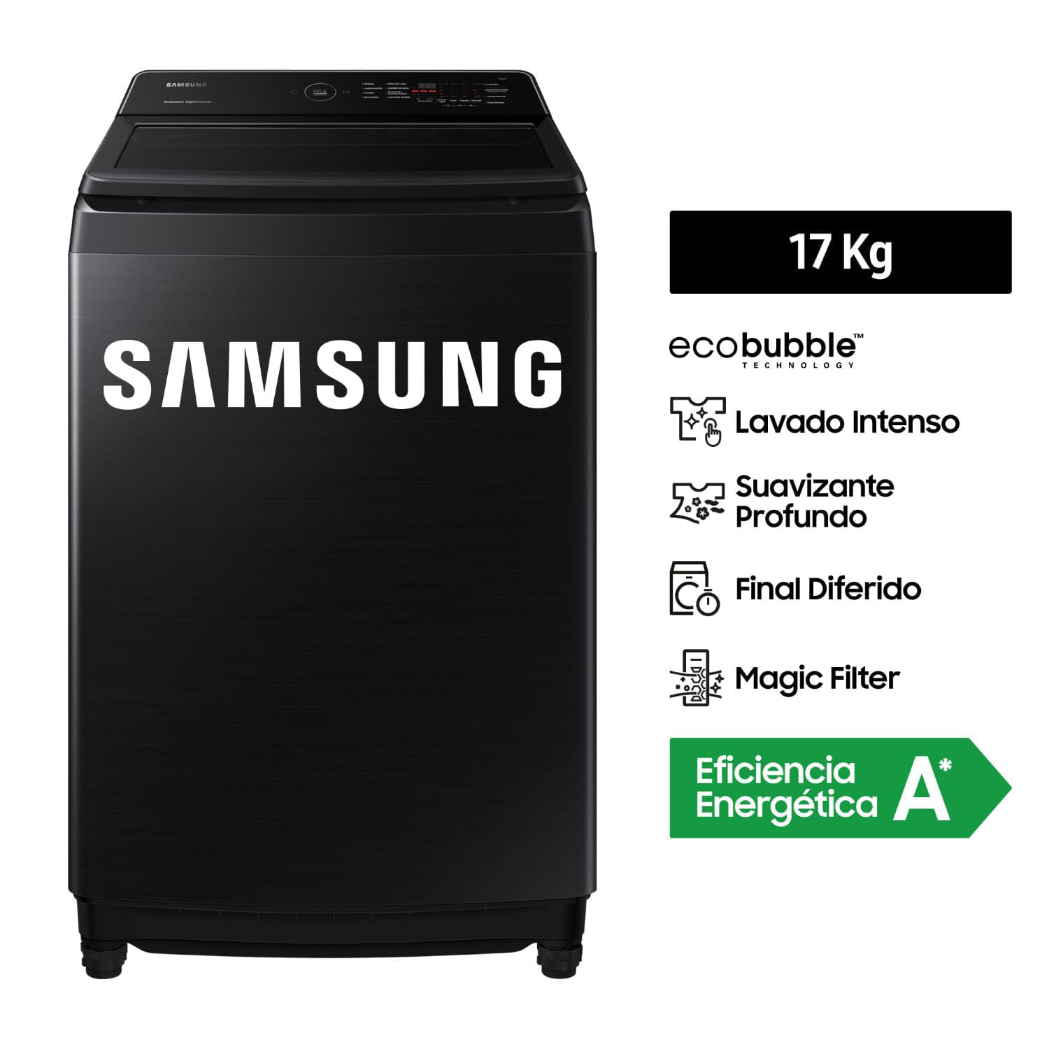 Lavadora Samsung Digital Inverter WA17CG6441BVPE Ecobubble 17 Kg Negro Caviar