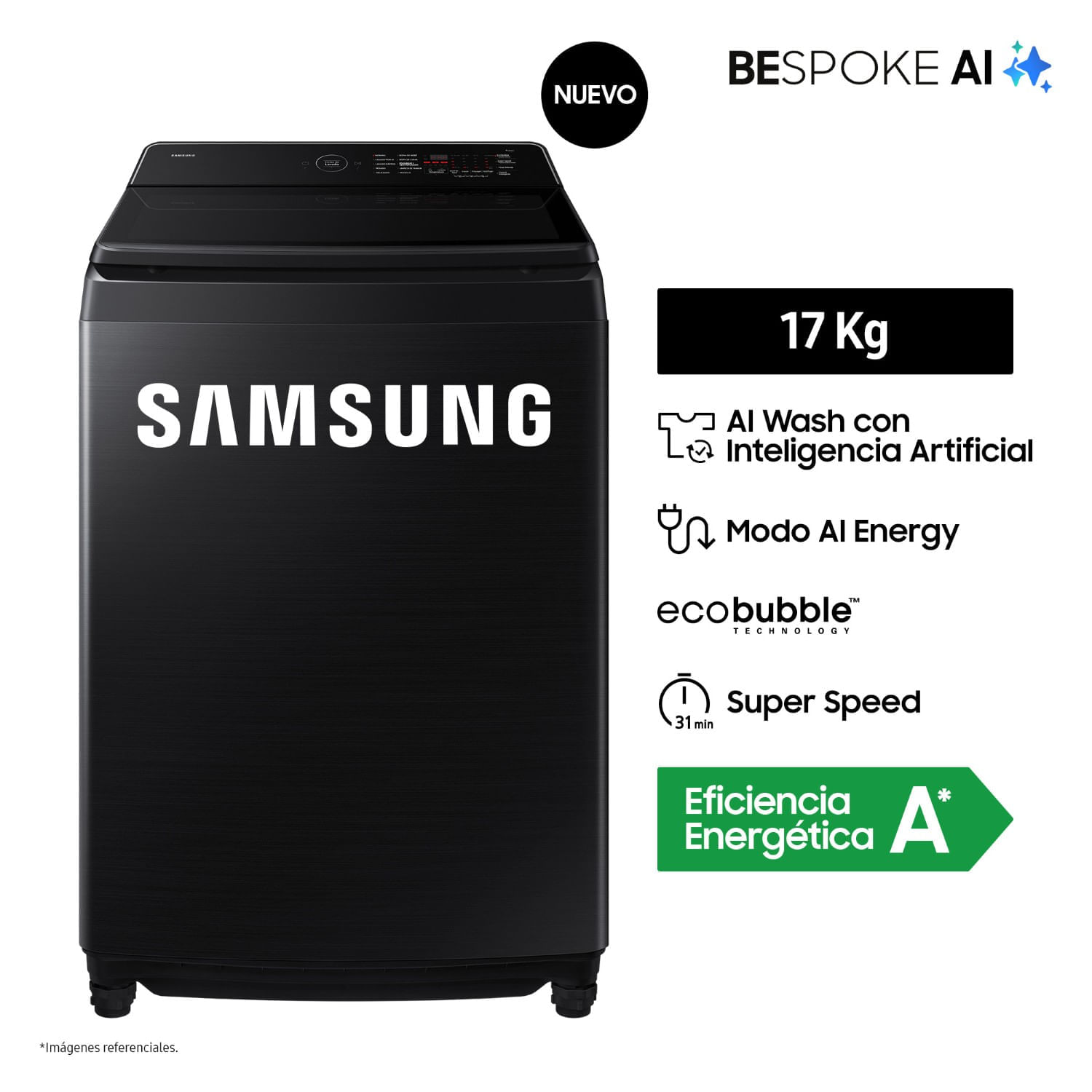 Lavadora Samsung AI Wash EcoBubble™ 17kg Negra WA80F17S8BPE
