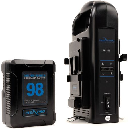 Batería V-Mount Li-Ion IndiPRO Tools Micro-Series 98Wh con Kit de Cargador Doble y Salidas D-Tap y U 1348239-REG