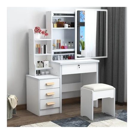 Tocador de Maquillaje Con Espejo Con Taburete Para Dormitorio Blanco