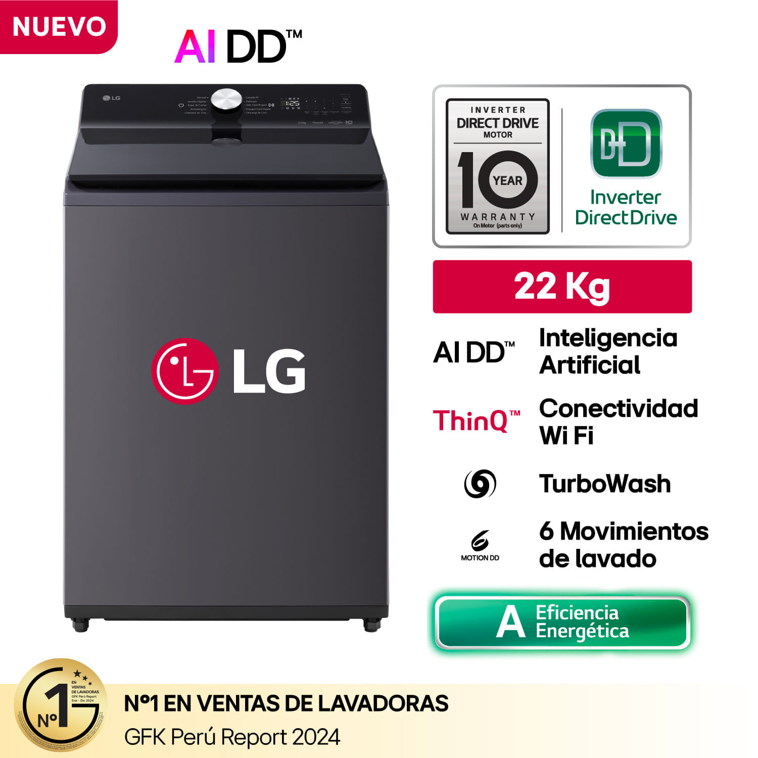 Lavadora LG WT22EGTX 22Kg Carga Superior Negro