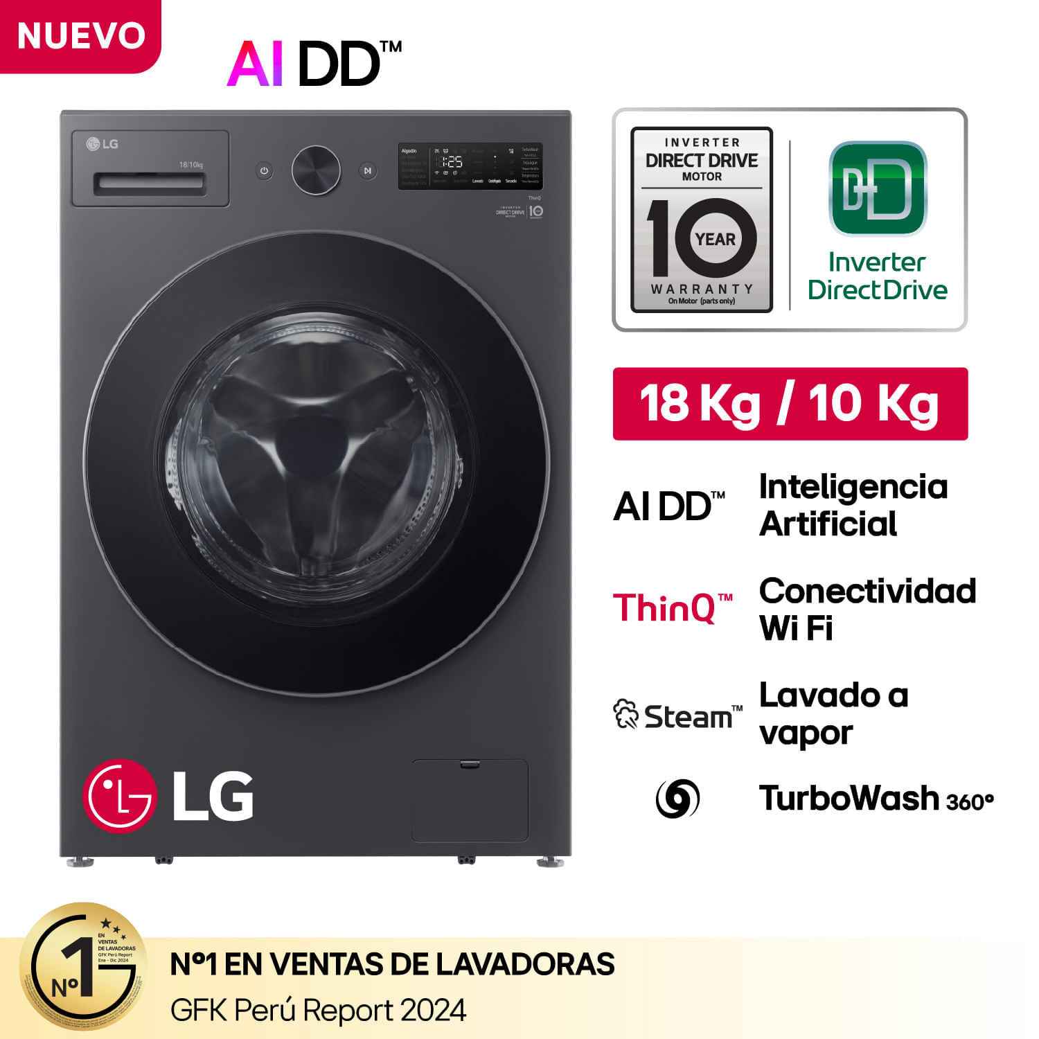 Lavaseca LG WD18EGNTSPG 18/10Kg Negro