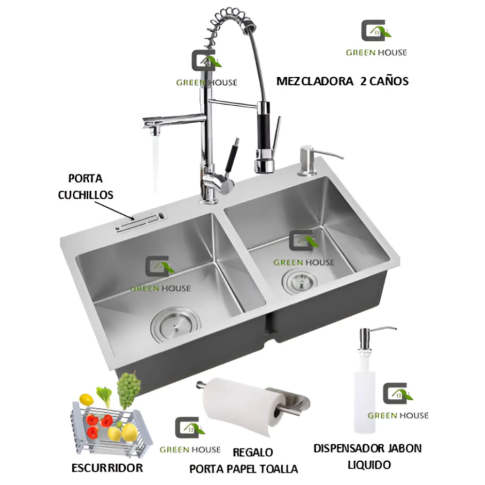 COMBO LAVADERO DE COCINA 2 POZAS  MEZCLADORA 2 CAÑOS CROMADO