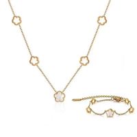 Set Collar y Pulsera Trébol Nácar Blanco Suerte Cadena Dorada Genieka Blanco