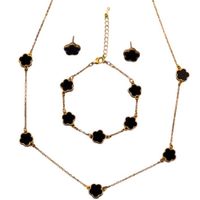 Set Collar Aretes y Pulsera Trébol Negro Cinco Pétalos Suerte Genieka Negro