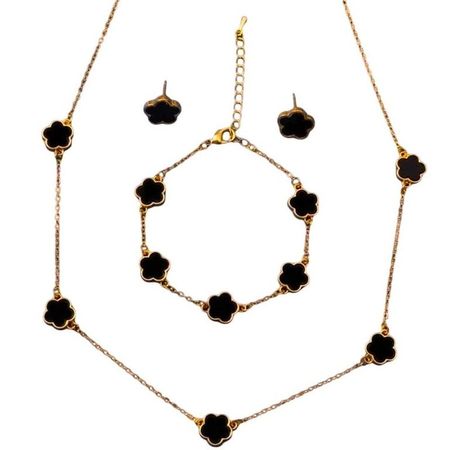 Set Collar Aretes y Pulsera Trébol Negro Cinco Pétalos Suerte Genieka Negro