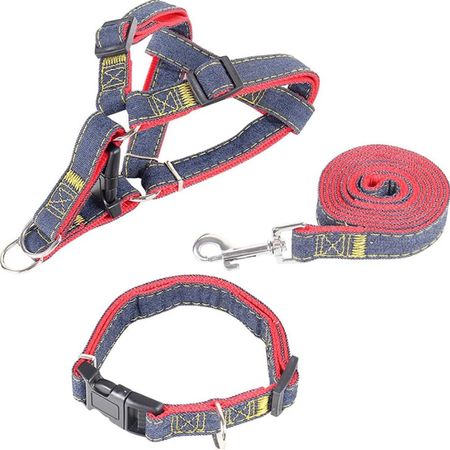 Arnés Collar Y Correa De Jean y Rojo Para Perro Talla XL