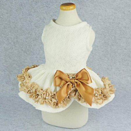 VESTIDO PARA PERRO MASCOTA BLANCO CON ENCAJE PERLAS Y LAZO TALLA XXS