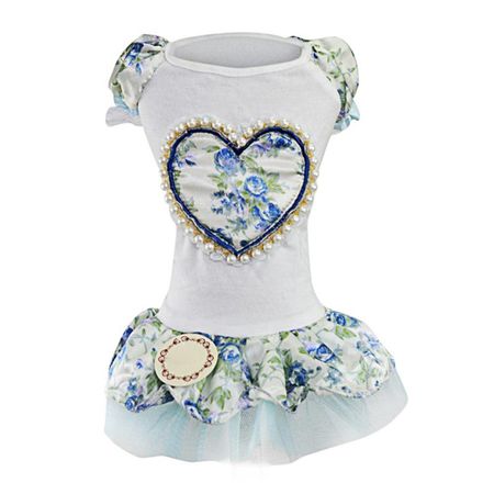VESTIDO BLANCO ELEGANTE PARA PERRO MASCOTA CON TUL TIPO TUTU Y FLORES AZULES - TALLA M