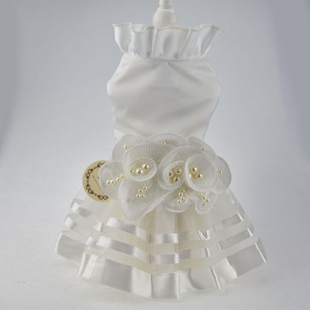 VESTIDO BLANCO ELEGANTE EN RASO Y TUL PARA PERROS MASCOTAS FLORES Y PERLAS - TALLA XS