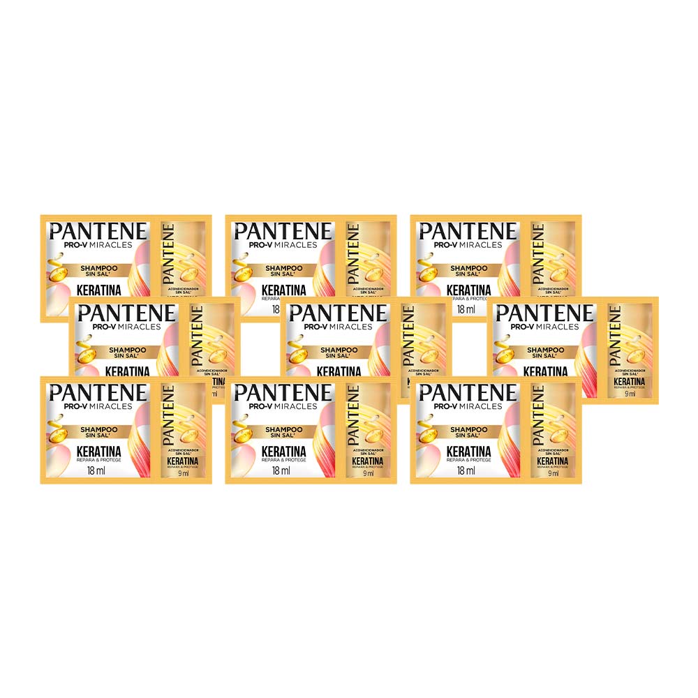 Pack PANTENE Shampoo Keratina Sachet 18ml + Acondicionador Sachet 9ml Tira 12 Sachets 2un c/u