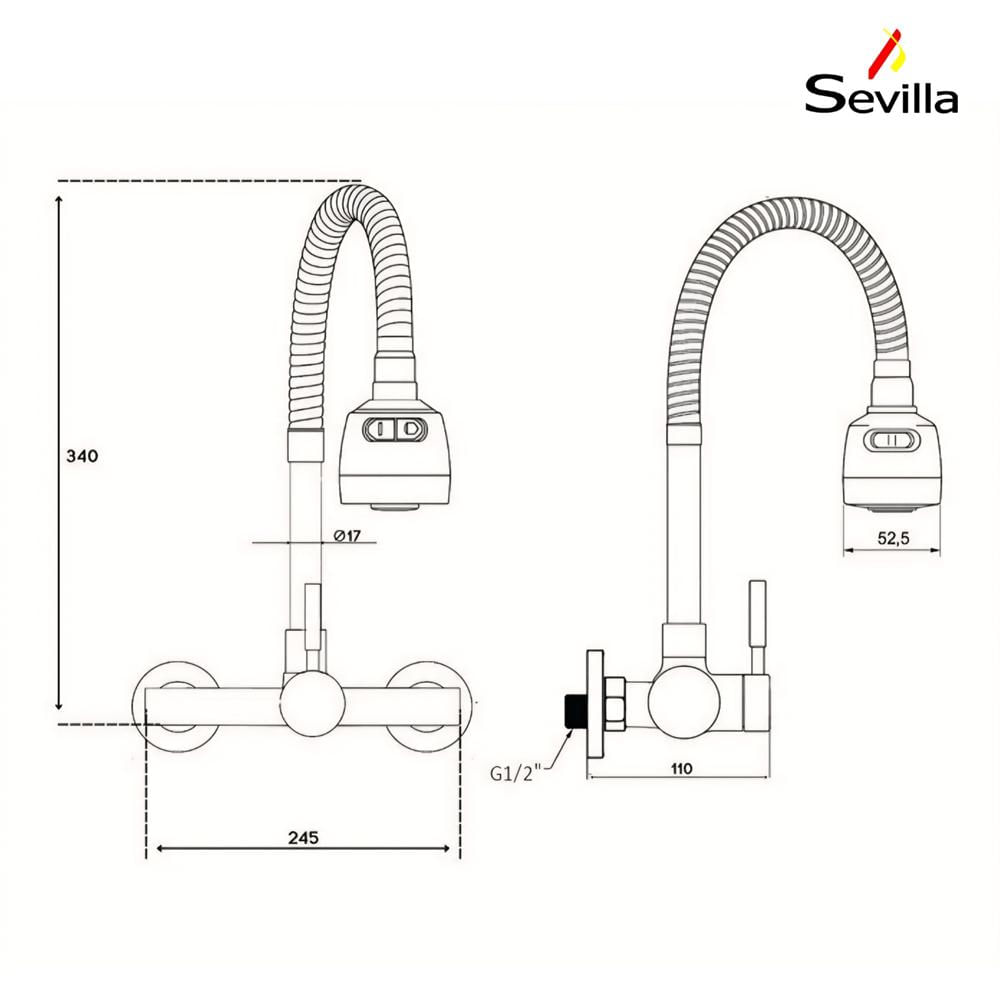 Llave Mezcladora Pared Momocomando Flexible de Cocina Acero Inox 304 Sevilla