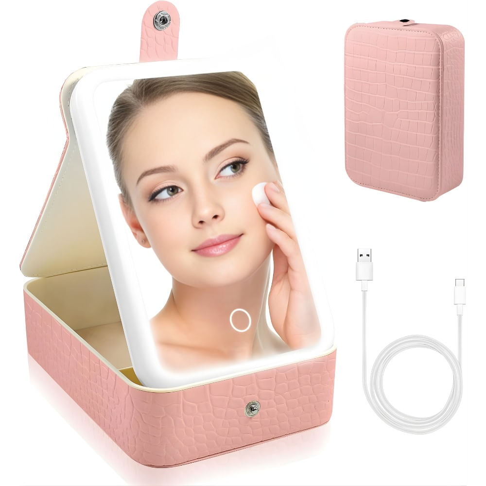 Espejo De Maquillaje Boamed Con Luz Led Organizador Portátil Rosa Chicle