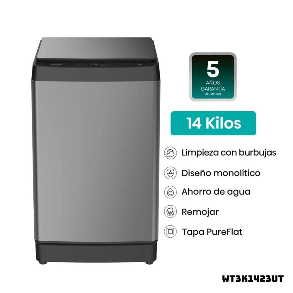 LAVADORA HISENSE TAPA TRANSPARENTE 14 KG CARGA SUPERIOR GRIS - WT3K1423UT