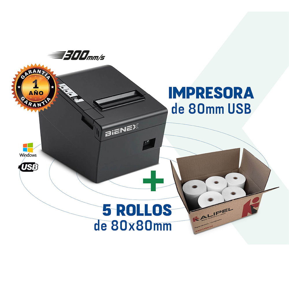 Impresora ticketera termica 80mm USB 300mmxs BIENEX y Papel Termico
