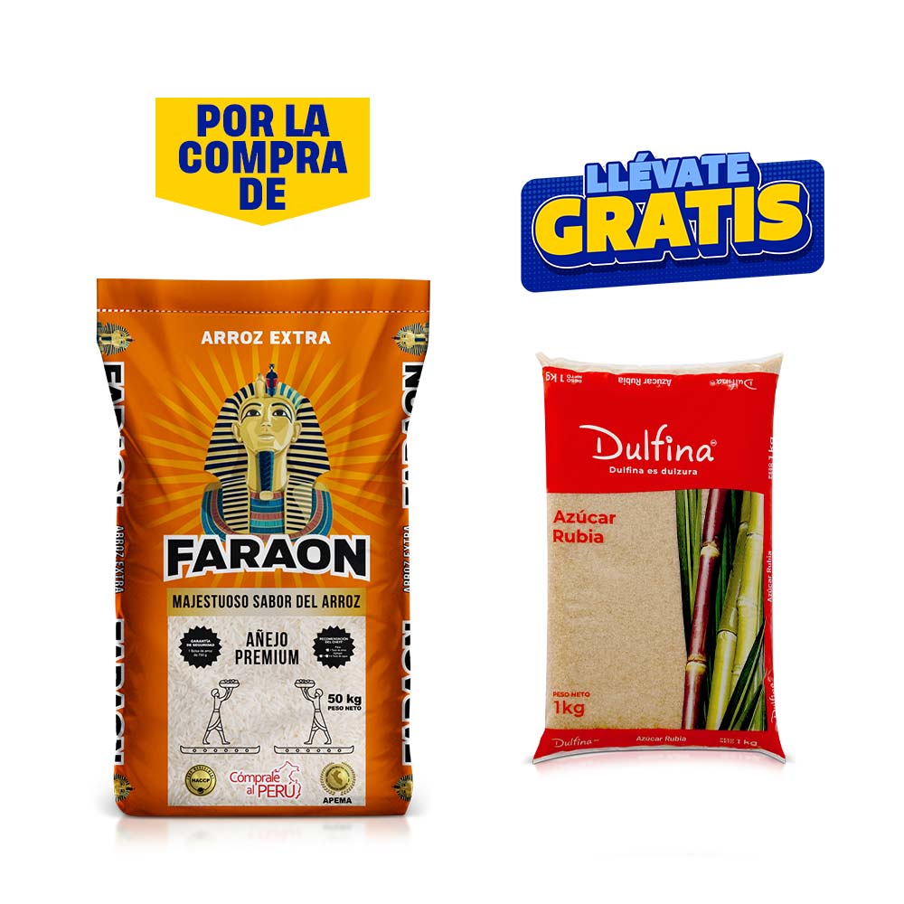 Pack Arroz Extra Añejo FARAÓN Saco 50Kg + Azúcar Rubia DULFINA Bolsa 1Kg