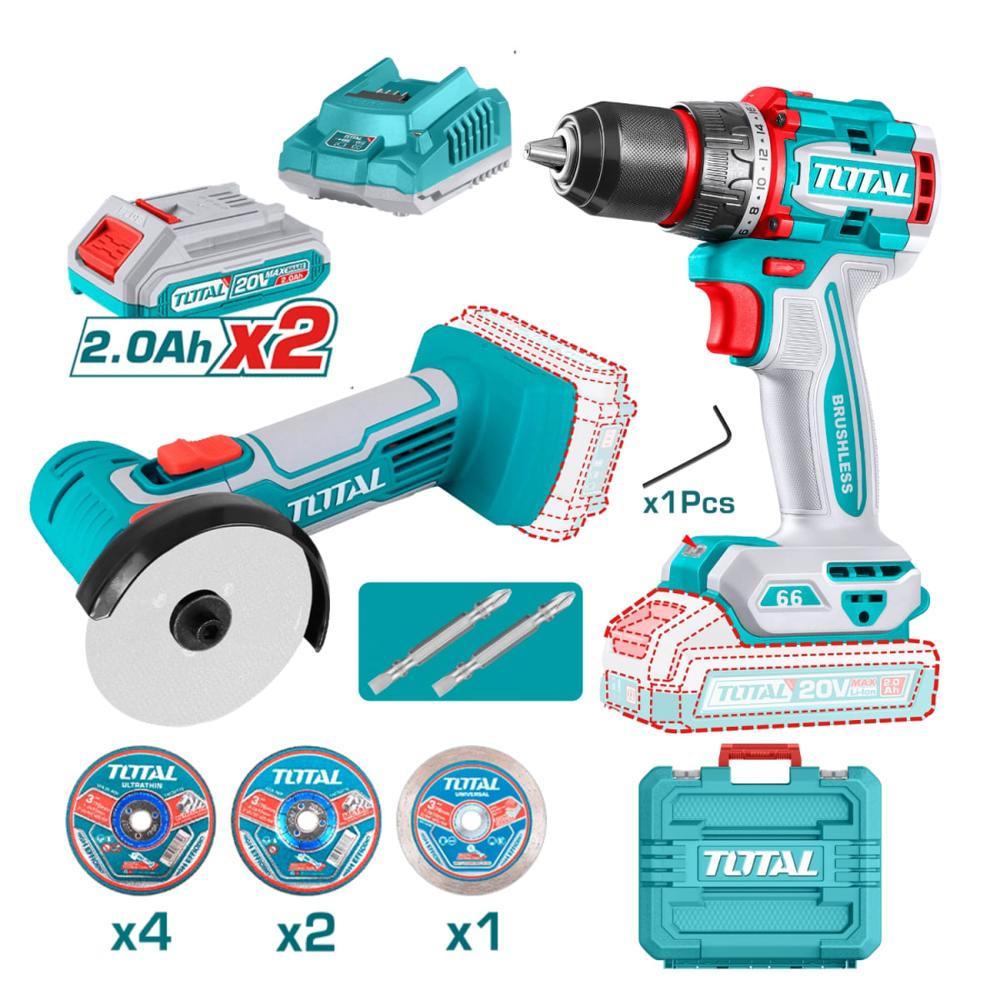 Combo Taladro atornillador 66nm - Amoladora - 2 bateria y cargador Total  TCKLI20766