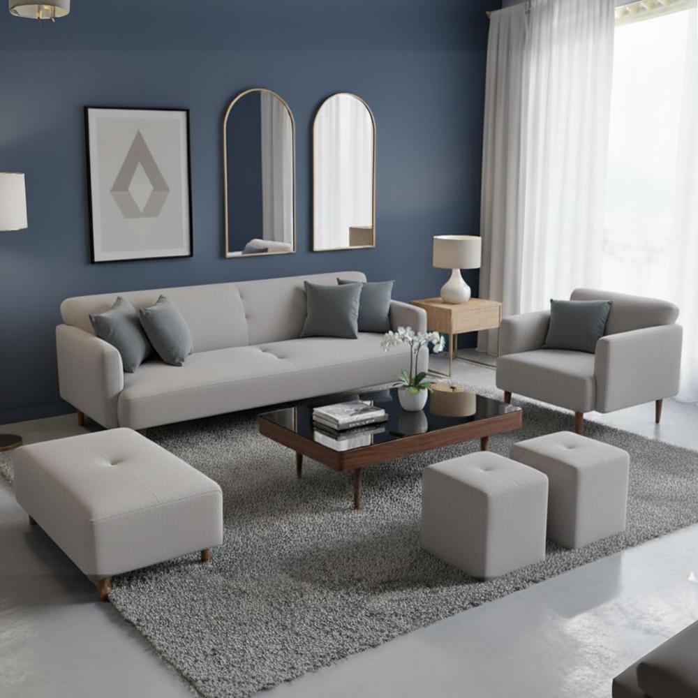Juego de sala Afra 3-1 más banqueta y 2 puff de regalo Gris claro