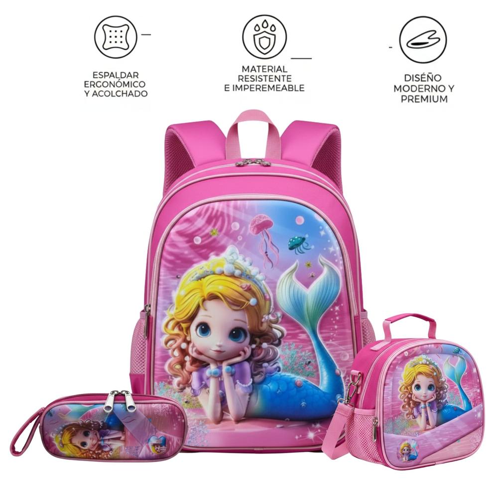 MOCHILA ESCOLAR 3 EN 1 MULTIPACK PARA NIÑOS SIRENITA CON LUCES