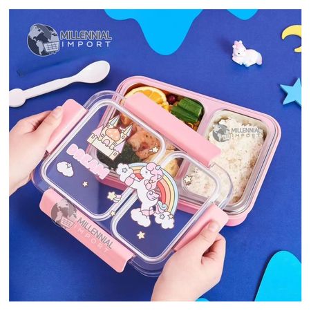 Lonchera para Niños Tipo Bento Box de 2 Divisiones de Acero Inoxidable Incluye cubierto Color Rosado