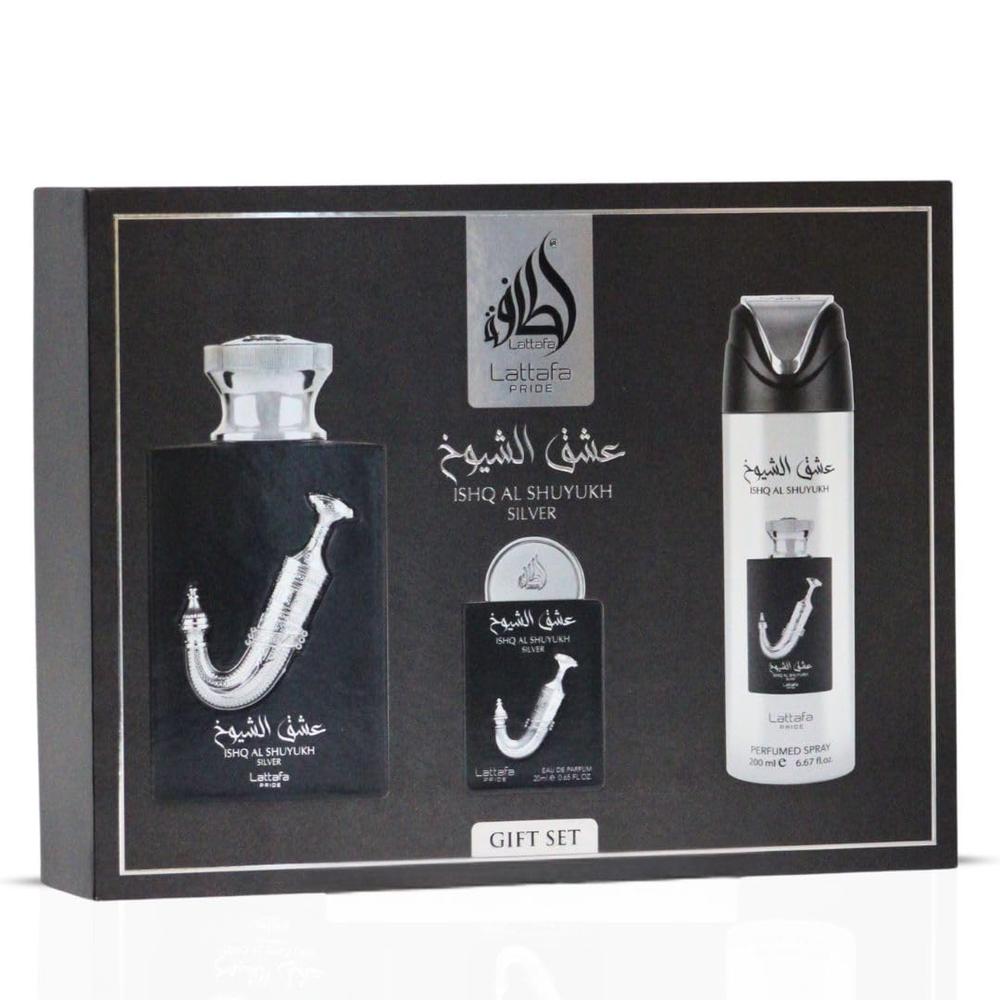 PERFUME LATTAFA PRIDE ISHQ AL SHUYUKH SILVER SET DE REGALO EDP HOMBRE