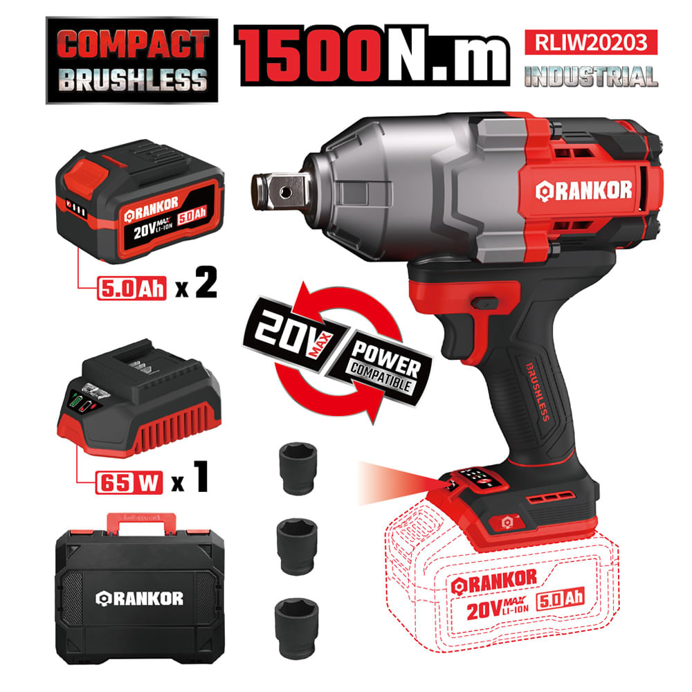 Llave de Impacto 19.05mm Rankor RLIW20203 20V 1500Nm 2 Bat x 5Ah Brushless