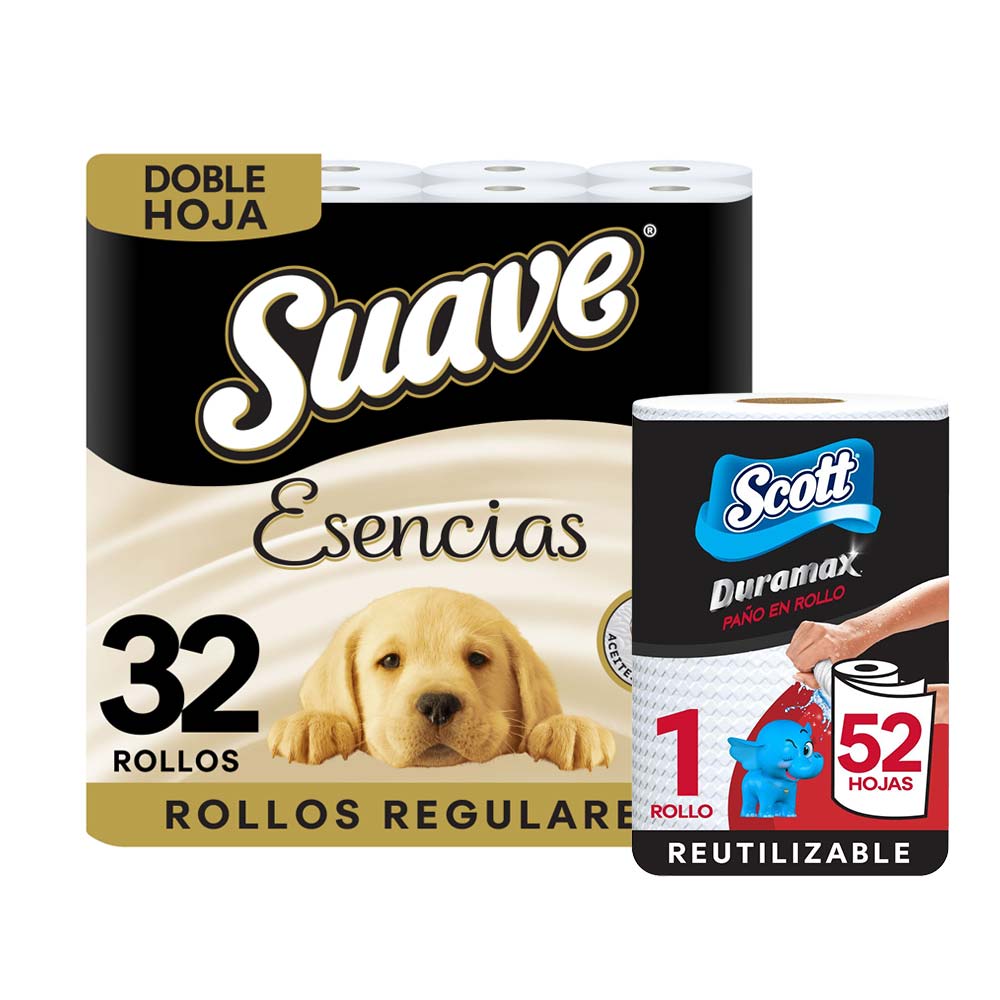 Pack SUAVE Papel Higiénico Gentle Care Elegance Paquete 32un + Paño SCOTT Duramax Paquete Unidad