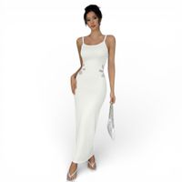 Vestido Maxi Hilo Flores Laterales 359-26 Color Blanco