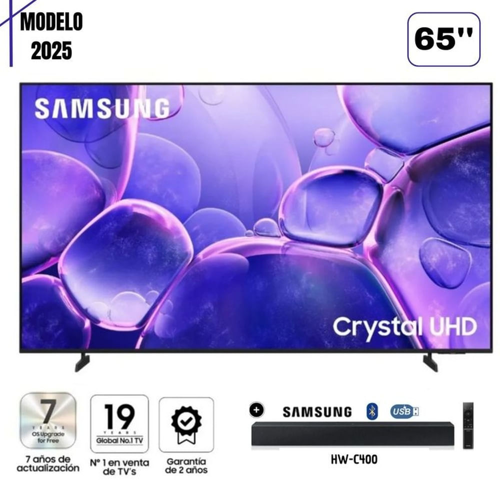 TELEVISOR SAMSUNG 65'' UN65U8000F CRYSTAL UHD SMART TV 2025 + SOUNDABR SAMSUNG HW-C400