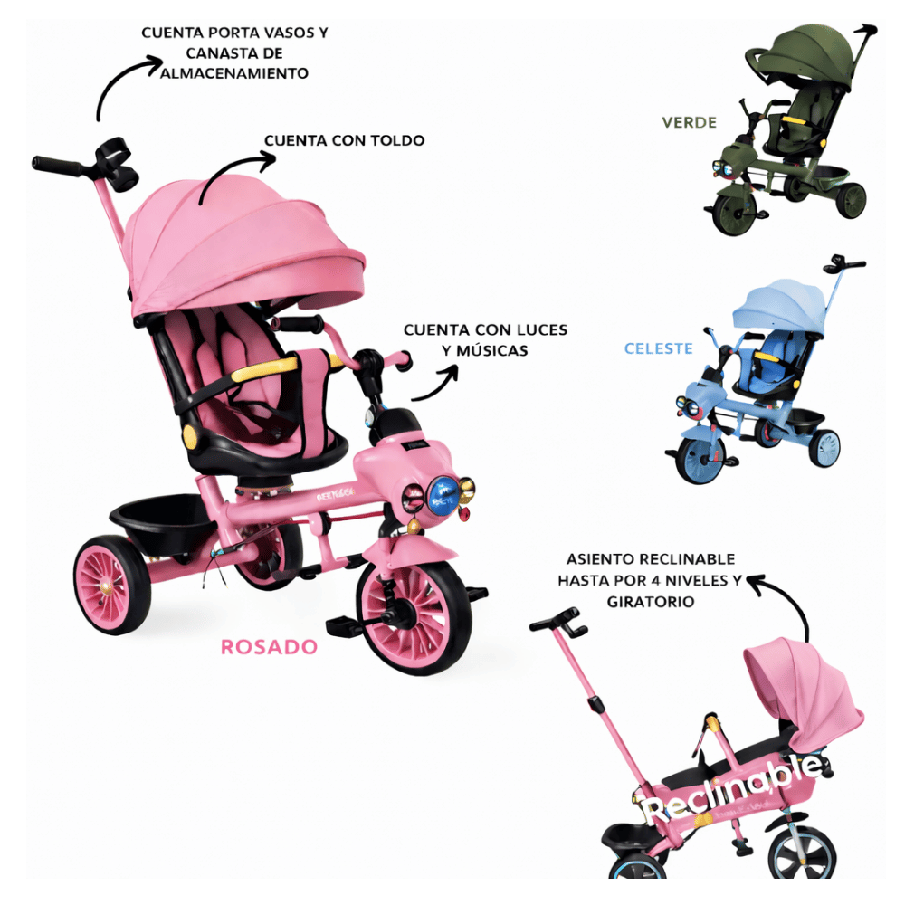 Triciclo para niños 2 en 1 rosado con toldo luces sonido y asiento giratorio reclinable