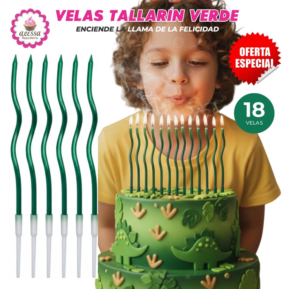 Velas Tallarin Verdes Premium para Cumpleaños Pack de 18 unidades