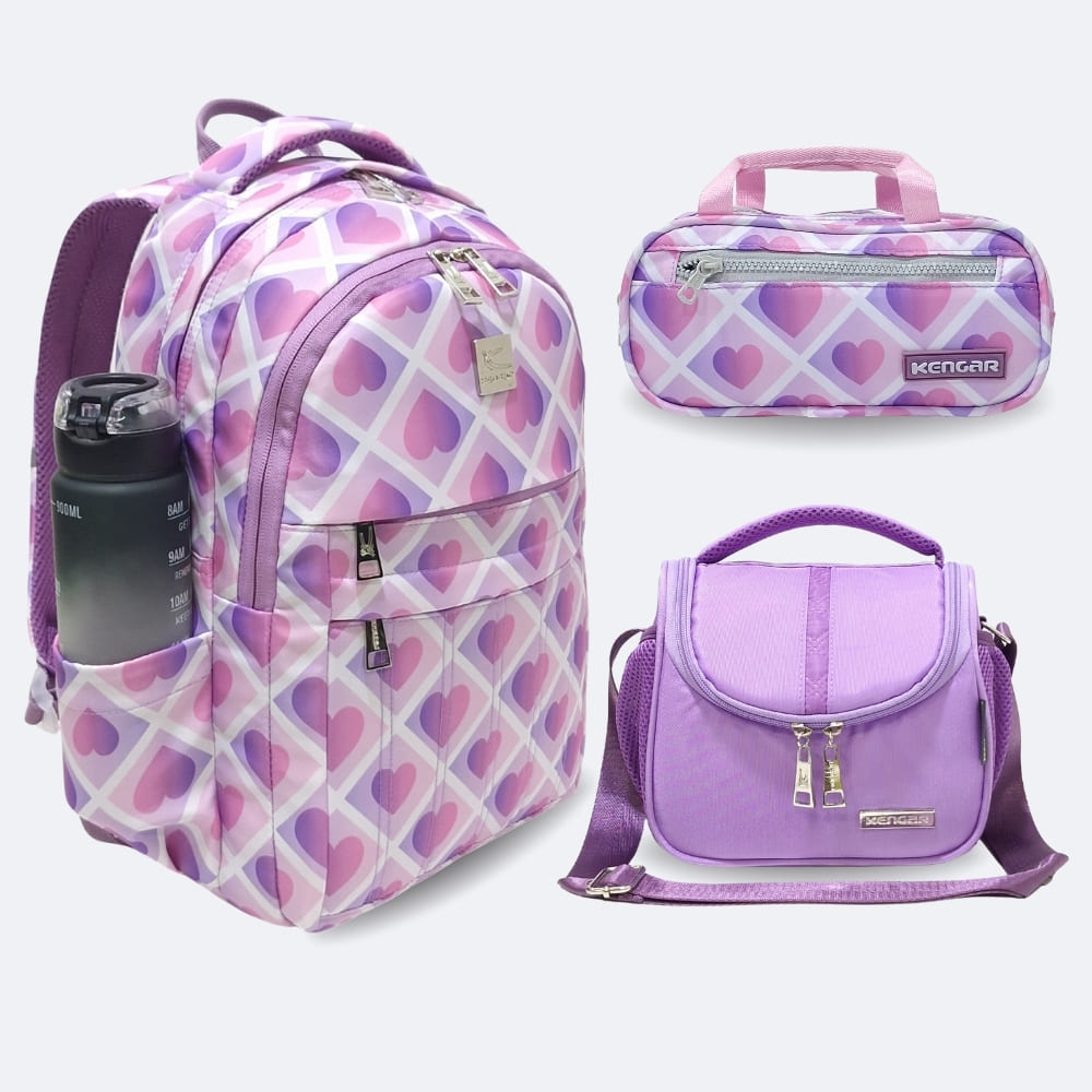 Kit Escolar Kengar - Mochila Oficio Lonchera y Cartuchera Lila Corazón