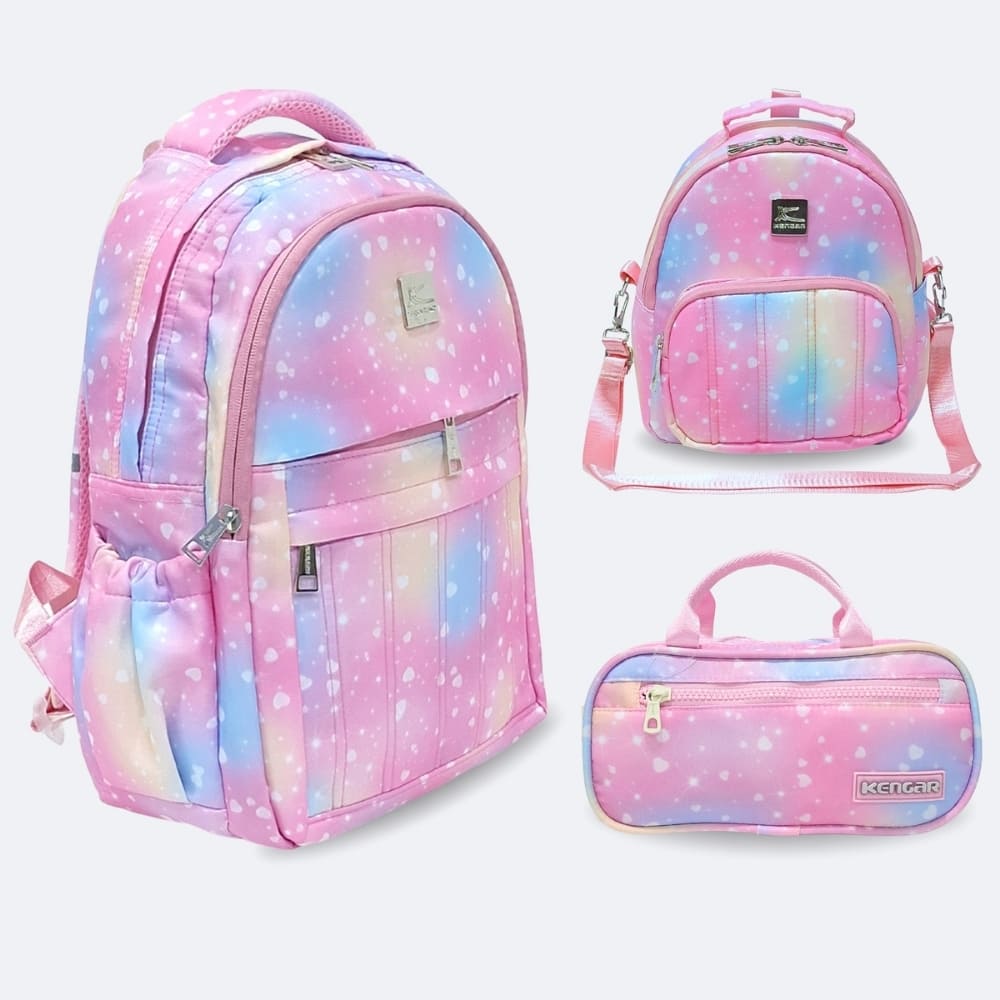 Kit Escolar Kengar - Mochila Oficio Lonchera y Cartuchera Rosado Minicorazón