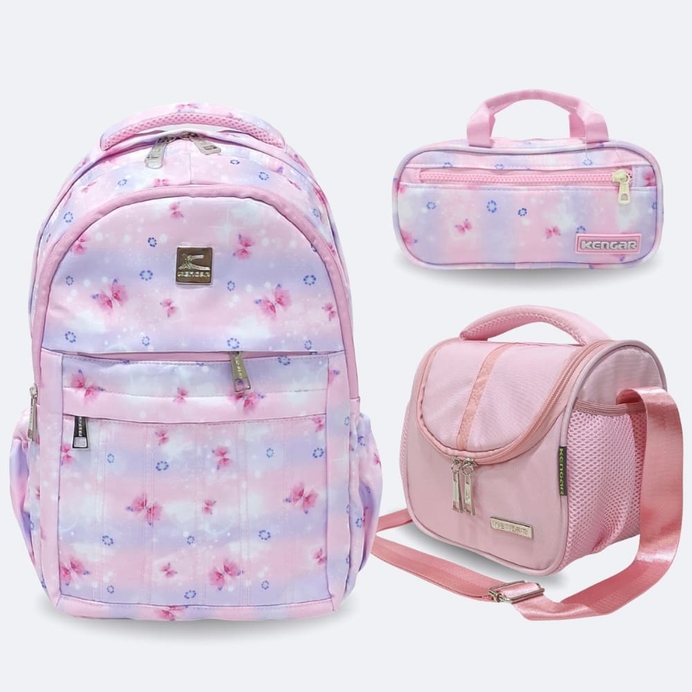 Kit Escolar Kengar - Mochila Oficio Lonchera y Cartuchera Rosado Mariposa
