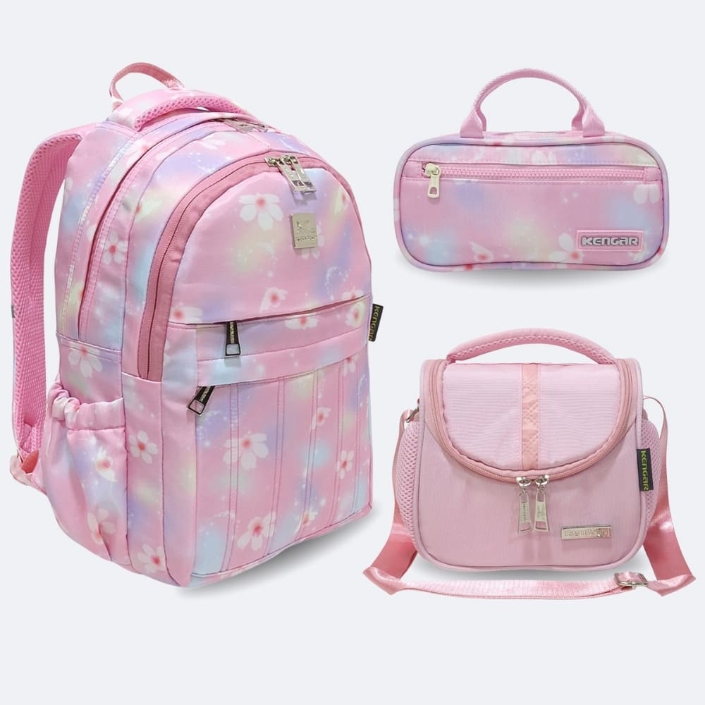 Kit Escolar Kengar - Mochila Oficio Lonchera y Cartuchera Rosado Flores