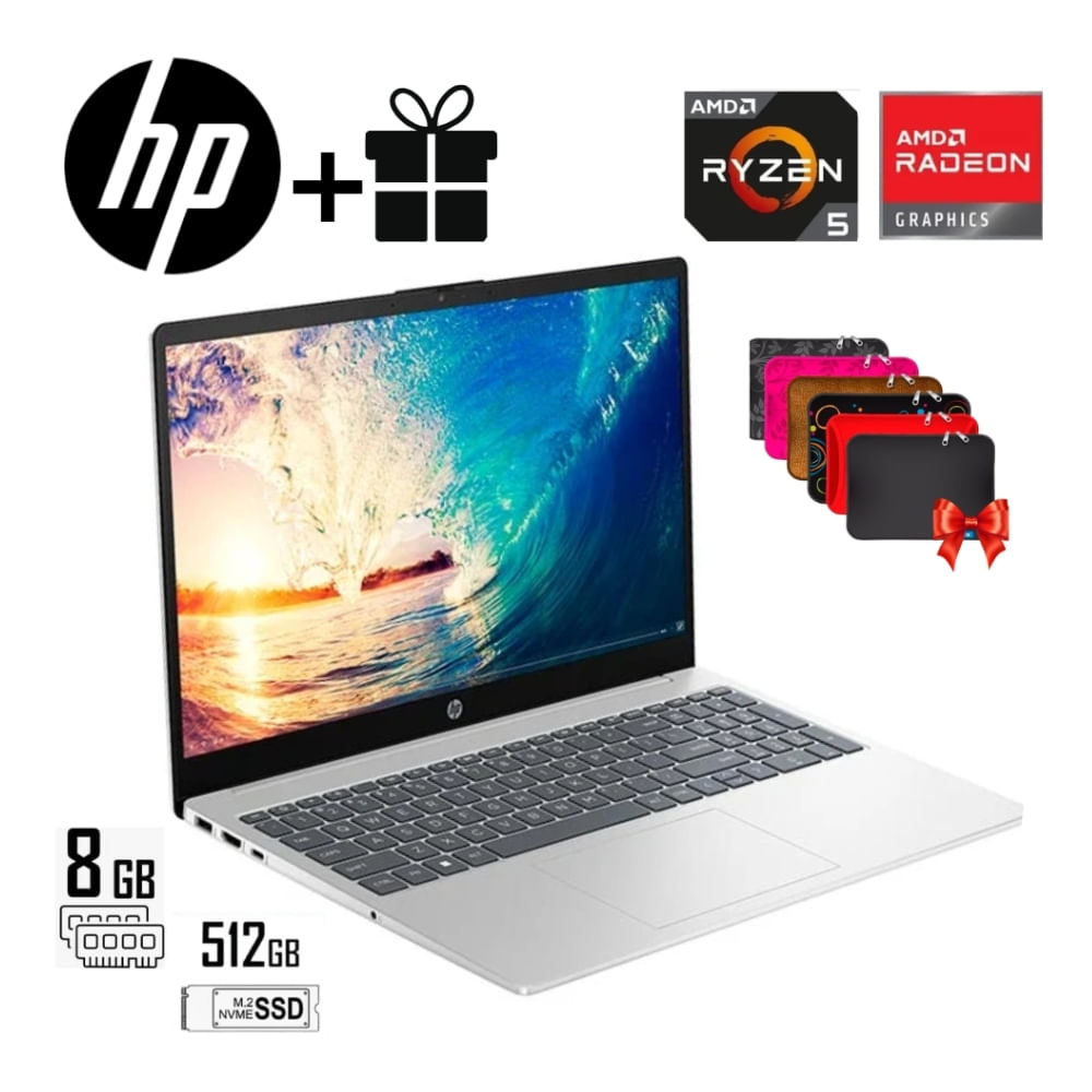 LAPTOP HP 15.6 HD AMD RYZEN 5 7520U RAM 8GB SSD 512GB COLOR PLATADEADO REGALO