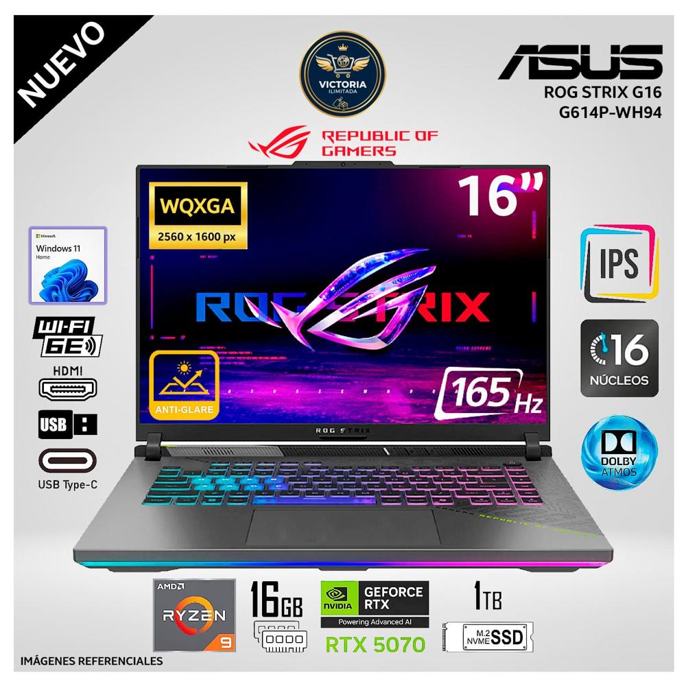 Laptop Gamer Asus ROG STRIX G16 G614P-WH94 Ryzen 9-8940HX 16GB RAM 1TB SSD RTX5070-8GB 16FHD 165HZ
